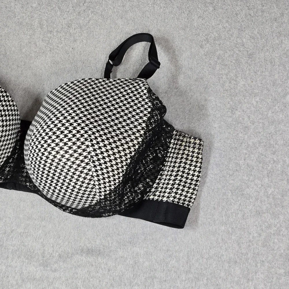 Cacique Women Bra 50DD Black Houndstooth Lightly Lined Balconette